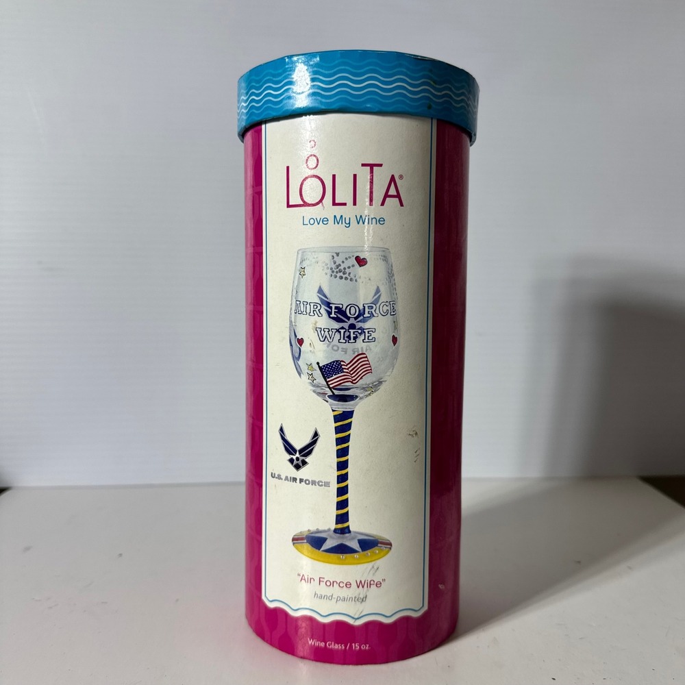 Lolita Air Force Wife Wine Glass 15oz Hand Painted Patriotic Military Gift NIB